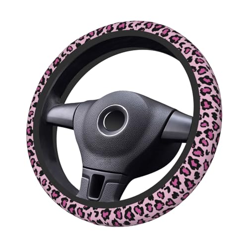 Pink Leopard Print Elastic Steering Wheel Cover, Non-Slip Breathable Neoprene Steering Wheel Covers, Women Pink Car Accessories, Universal 15 Inch Fit Auto, Suvs, Truck - color: Pink Leopard Print