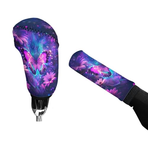 Butterfly Flower Printed Car Handbrake Cover Gear Shift Knob Cover, Car Gear Shift Knob Cover with Handbrake Cover, Smooth Breathable Car Accessories, Set of 2 - color: Butterfly Flower - Purple
