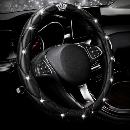 Full Sparkly Rhinestone car Steering Wheel Cover Universal Leather Steering Wheel Cover Auto Car Styling Interior Decor Accessories (Black Crown) - color: crown white&pink