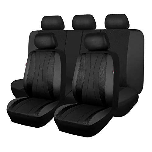 Flying Banner car seat Covers Full Set Faux Leather Air Mesh Breathable Man Lady Airbag Compatible Rear Bench Split 40/60 50/50 60/40 Truck Pick Up (Full Set - Low Back, Black Black) - color: Black Black