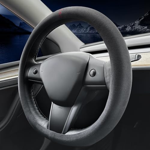 Suede car Steering Wheel Cover, Suitable for Tesla Model 3 /Model Y Steering Wheel Cover - color: Black-A