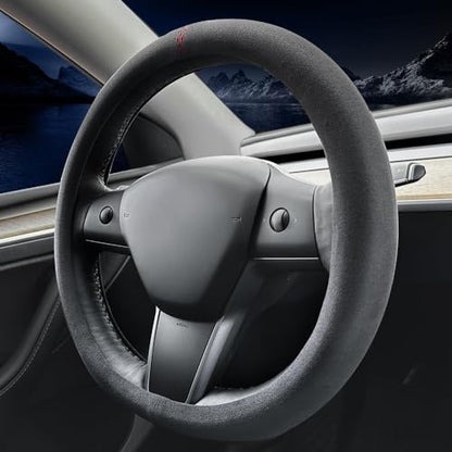 Suede car Steering Wheel Cover, Suitable for Tesla Model 3 /Model Y Steering Wheel Cover - color: Black-A