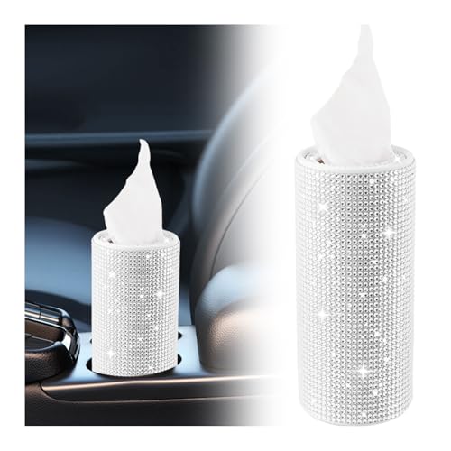Bling Car Tissue Holder for Cup Holder,Rhinestone Travel Car Tissue Box(30 Tissues/3-ply),Universal Cylinder Tissues Dispenser for Cars Interior Decor as Gift for Women (White) - color: White