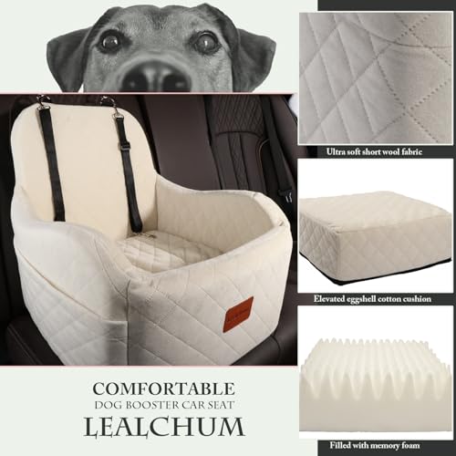 Lealchum Dog Booster Car Seat,Ultra Soft Fabric & Filling Memory Foam,Elevated Cushion,3 Straps & Safety Belt Channel,Anti-Slip Base,Fully Detachable and Washable(Beige,Medium) - color: Beige