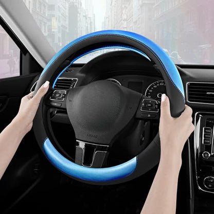Road Comforts Steering Wheel Cover – Breathable Leather Steering Wheel Cover, Anti-Slip Grip, Universal Fit 14.5” to 15”, Heat & Cold Resistant for Cars, SUVs, and Trucks – Black & Metallic Blue - color: Black&Metallic Blue
