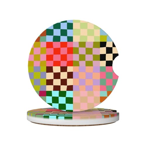 Colorful Checkered Car Coasters for Cup Holders,2 Pack Car Cup Holder Coasters for Car,Ceramic Absorbent Car Coaster with A Finger Notch and Cork Base,Car Interior Accessories for Women Men - color: Colorful Checkered