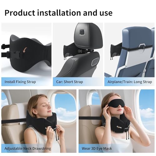Patented Head-Bobble-preventing Ergonomic 360° Supporting Golden Formula Memory Foam Travel Neck Pillow w/3D Contoured Eye Mask Set Long Trip Sleeping Essentials for Airplane Flight Car Bus