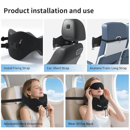 Patented Head-Bobble-preventing Ergonomic 360° Supporting Golden Formula Memory Foam Travel Neck Pillow w/3D Contoured Eye Mask Set Long Trip Sleeping Essentials for Airplane Flight Car Bus