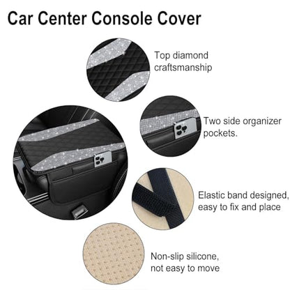 NBTEPEM Bling Car Center Console Cover, Leather Middle Console Cover with 2 Storage Bags, Universal Arm Rest Cover Protector, Bling Car Accessories Interior Fit for Most Vehicles, Silver Diamond