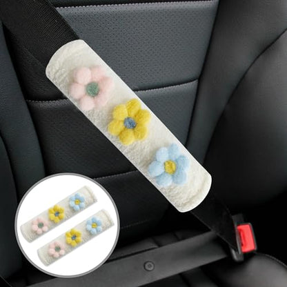 2-Pack Soft Seat Belt Covers Universal Car Shoulder Pad Cushions for Comfortable Driving & Bag Strap Protection White Fuzzy Flower (Light Blue, Yellow & Pink) - color: Light Blue Yellow Pink Flower