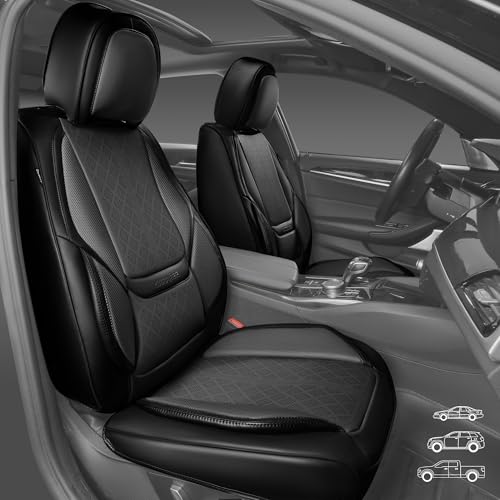 CAR PASS Nappa Leather Car Seat Covers 5 Seat, Luxury Lumbar Support Seat Cover Full Set, Waterproof Breathable Durable All Coverage Leatherette Seat Covers for SUVs,Pickups,Trucks,Vehicles (Gray) - color: Black and Gray