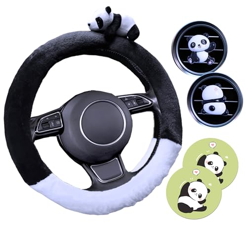 Pinbola 5 Pcs Fluffy Frog Cartoon Steering Wheel Cover Car Accessories Set Universal 14.5-15 Inch Warm Soft Plush Cup Coasters Car Decoration for Women (Black White Panda) - color: Black White Panda
