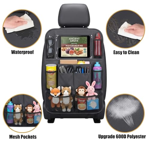2 Pack Backseat Car Organizer & Kick Mat, Waterproof Seat Back Protector with Clear Pad/Tablet Holder, Universal Fit Car Organizer for Kids Travel Essentials & Storage for SUV/Truck/Sedan