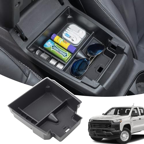 Center Console Organizer Compatible with 2023 2024 2025 2026 Chevy Colorado/GMC Canyon Accessories, Coin Container Armrest Secondary Storage Box with Non-Slip Silicone Mat (Black Trim) - color: Black Trim - 2023+ Colorado/Canyon