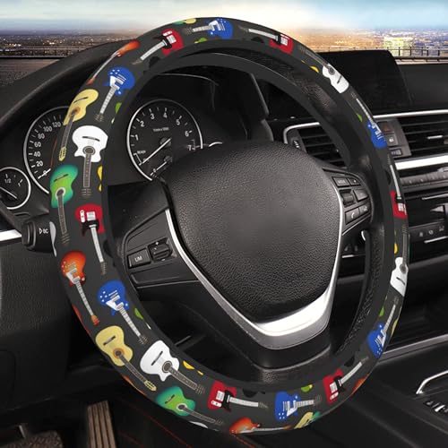 Musical Car Steering Wheel Cover for Women Acoustic Electric Guitars Men Stretch Cloth Anti-Slip Wrap Protector Case Fit Universal Auto Accessories Decor Sweat Absorption 14-15 Inch - color: Musical - Color Acoustic Electric Guitars