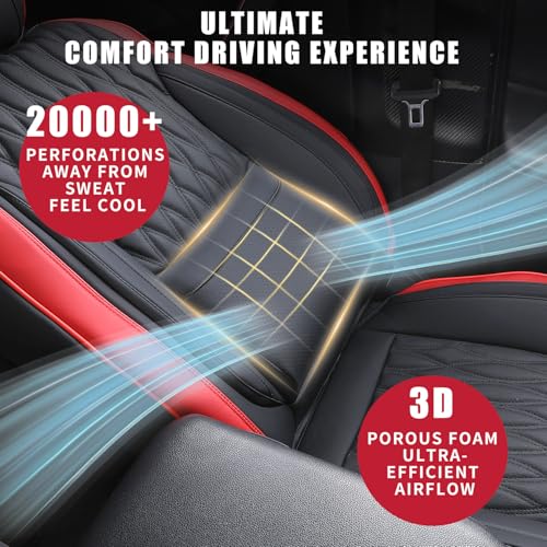 Car Seat Covers , Luxury Breathable Waterproof Faux Leatherette Car Seat Covers Cushion Protectors with Lumbar Support, Car Seat Cushion, Universal Fit Most Cars (Black-Red, Full Set - 5 Seats)