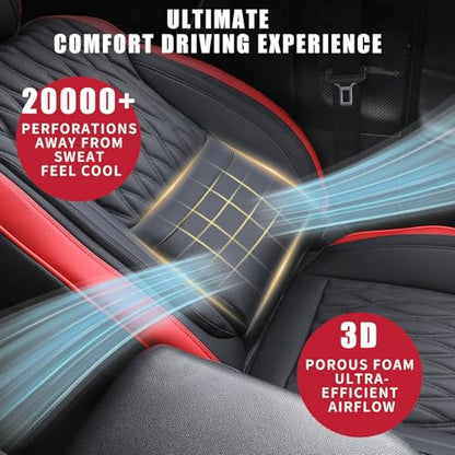 Car Seat Covers , Luxury Breathable Waterproof Faux Leatherette Car Seat Covers Cushion Protectors with Lumbar Support, Car Seat Cushion, Universal Fit Most Cars (Black-Red, Full Set - 5 Seats)