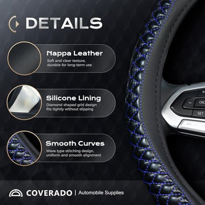 Coverado Car Steering Wheel Cover, Nappa Leather Black & Blueline Steering Wheel Covers, Universal 14-15 inch, Anti-Slip, Breathable Steering Wheel Protector for Women Men - color: C-Blue