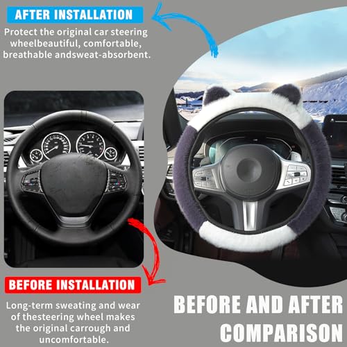 Car Steering Wheel Cover, Cute Steering Wheel Protector with Kitty Cat Ears,Fluffy Soft Plush for Winter Warm, Universal Fit 15 inches for Car,SUV, Elastic & Anti-Slip (White/Purple) - color: White/Purple