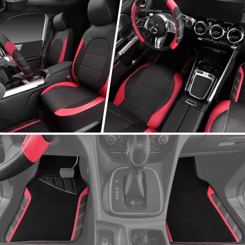 CAR PASS Air Mesh Leather Car Seat Covers for Front Seats, Waterproof Car Floor Mats, Sporty Steering Wheel Cover, Universal Fit for 95% Cars Truck SUV (Black and Red) - color: Red