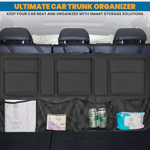 EcoNour Backseat Trunk Organizer | 42 x20 Inches Car Storage with 9 Spacious Pockets | Waterproof, Heavy-Duty Hanging Organizer for SUVs, Trucks & Hatchbacks | Space-Saving, Foldable & Easy to Install