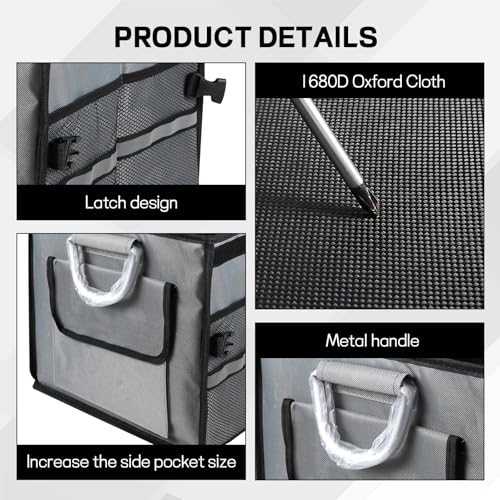 Car Trunk Organizer with Lid, 28L 2-Compartment Collapsible Trunk Cargo Storage Box, Waterproof Oxford Vehicle Backseat Storage Organizer with Base Plate & Metal Handle, Car Accessories (Gray)