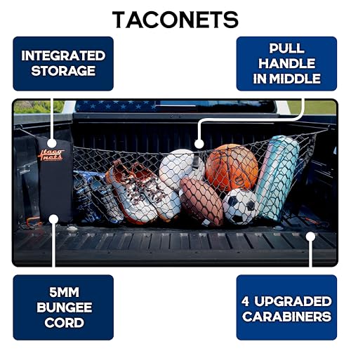 TacoNets Envelope Cargo Net for Toyota Tacoma - Fits 2005-Current - Patented Bed Rail Integration - Upgraded 5mm Bungee - Integrated Storage Bag - Heavy Duty Carabiners - Designed in USA - style: Toyota Tacoma 2005+