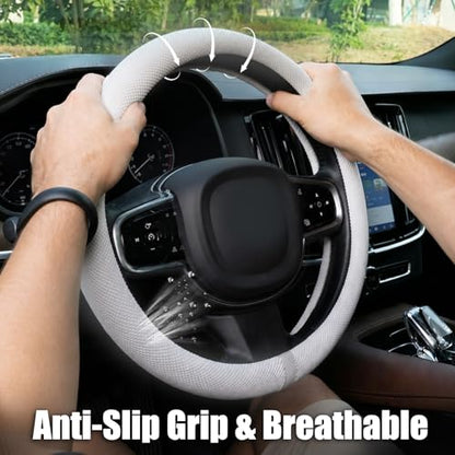 Universal 15 Inch Steering Wheel Cover for Cooling, Non-Slip Breathable Cooling Car Steering Wheel Cover with Upgraded Silicone Inner Ring for Round/D Shape, Warm in Winter Cool in Summer, White Gray - color: Silver Gray