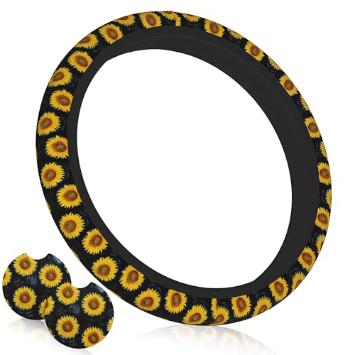 Sunflower Steering Wheel Cover Universal 14-15 Inch Breathable Anti Slip with 2 Pieces Car Coasters Sunflower Car Accessories Decor for Men Women - color: Sunflower