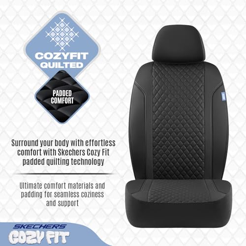 Skechers Seat Covers Contour Foam Cozy Fit,Leather Car Seat Covers, Car Seat Covers Front Seats Airbag Compatible, Universal Automotive Comfort for Most Cars, Vans, Trucks, SUV,Black