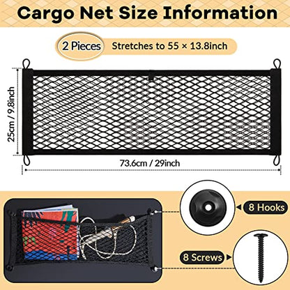 Frienda 2 Pieces Stretchable Small Cargo Net Pocket Storage Mesh Net Elastic Automotive Storage Pouch with 8 Pieces Mounting Screws and Hooks for Truck Car SUV Boats(29 x 9.8 Inches) - size: 29 x 9.8 Inches