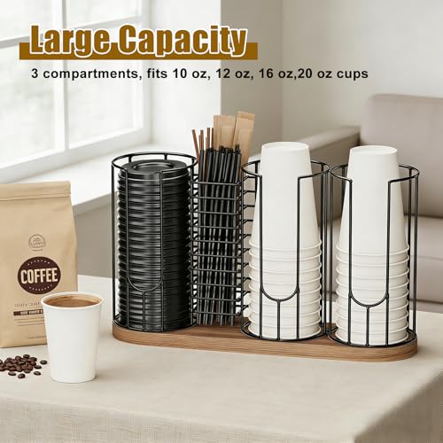 Coffee Cup Dispenser Rack with Wood Base, 18oz Cup Holder Organizer for Storing Paper Cups, Straws, Lids and Disposable Tableware(4-compartment) - color: Black 4-Compartment