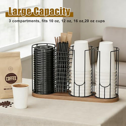 Coffee Cup Dispenser Rack with Wood Base, 18oz Cup Holder Organizer for Storing Paper Cups, Straws, Lids and Disposable Tableware(4-compartment) - color: Black 4-Compartment