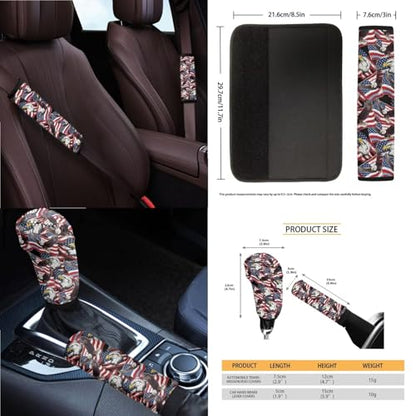 Wanyint Car Seat Cover Set for 4th of July, with Steering Wheel Seat Belt Strap Rearview Mirror Handbrake Gear Shift Knob Cover Rubbish Bin Armrest Pad Coasters, 14 PCS, American Flag Eagle Print - color: American Flag Eagle Print