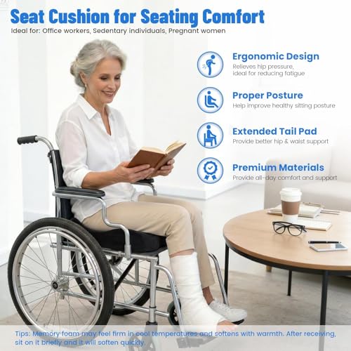 Wheelchair Seat Cushion, Premium Memory Foam Office Chair Cushion, Supportive Donut Pillow for Sciatica, Tailbone & Back Relief, Ergonomic Long Sitting Chair Pad for Car, Airplane, Black - color: Black
