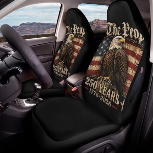 Eagle American Flag Print Car Seat Cover Front Seats Only, High Back Car Front Seat Covers Compatible with Airbag, Universal Fits Cars Interior Accessories, 250th Anniversary Decor, Set of 2 - color: Black - Eagle American Flag 250th Anniversary