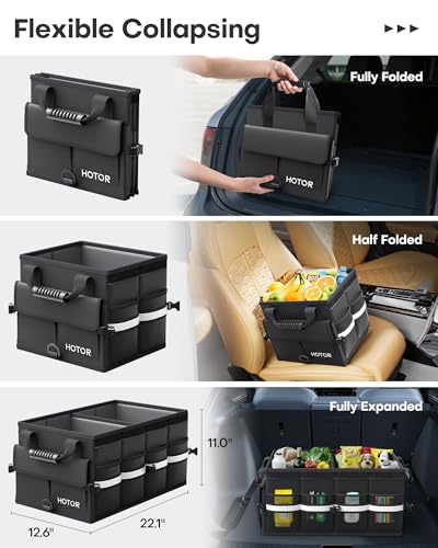 HOTOR Car Trunk Organizer - Foldable Trunk Organizer for SUV, Car Storage with Reflective Strips & Securing Cover, Large Capacity Car Accessories for Truck, Van & Sedan, Black, 22.1" x 12.6" x 11.0"