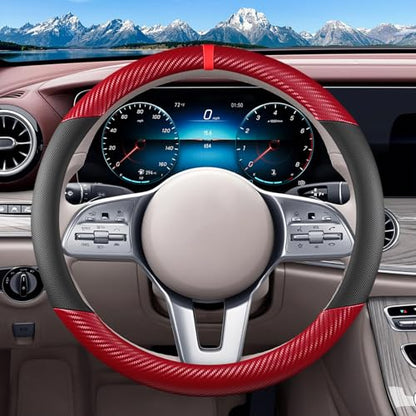 Black & Red Carbon Fiber Leather Steering Wheel Cover, Microfiber Leather, Anti-Slip, Breathable, Universal Fit for 14.5–15 in Steering Wheel Cover for Men Women - color: Splicing Carbon Fiber - Black and Red