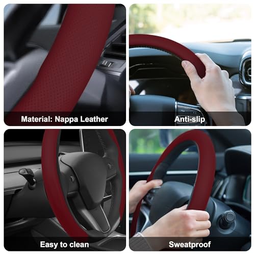 Nappa Leather Steering Wheel Cover,Universal Fit 15 Inch-Premium Non-Slip Breathable Comfort Grip for Cars Trucks SUVs,Anti-Slip Durable Interior Upgrade Wine Red - color: Wine Red