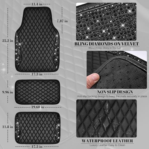 CAR PASS Bling Leather Car Mats Shining Diamond Floor Mats Sparkly Glitter Crystal Rhinestones Carpet Anti-Slip Waterproof Pad Universal Fit for Automotive SUV, Sedan, Van, 5pcs for Girl Women Black - color: Black Leather Diamond