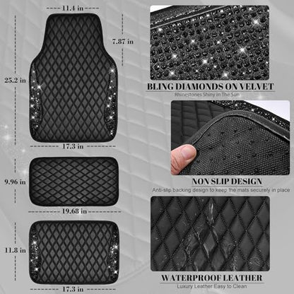 CAR PASS Bling Leather Car Mats Shining Diamond Floor Mats Sparkly Glitter Crystal Rhinestones Carpet Anti-Slip Waterproof Pad Universal Fit for Automotive SUV, Sedan, Van, 5pcs for Girl Women Black - color: Black Leather Diamond