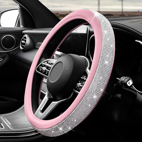 Diamond Leather Steering Wheel Cover, 15 Inch Bling Crystal Rhinestone Anti-Slip Wheel Protector, Universal Sparkling Elegant Diamond Steering Wheels Cover for Women Girl (White&Pink) - color: White&Pink