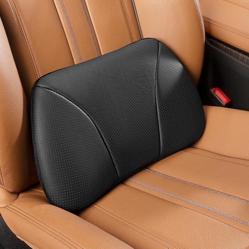 Genuine Leather Lumbar Support Pillow,Back Pain Relief Cushion,fits Tightly Around Waist,Real Cowhide,Memory Foam,fit Car Drive,Office Chair,Rest seat,Improve Posture,Portable,15.5''Lx 8.7''H - color: Black, size: 1P Cowhide Leather Lumbar pillow