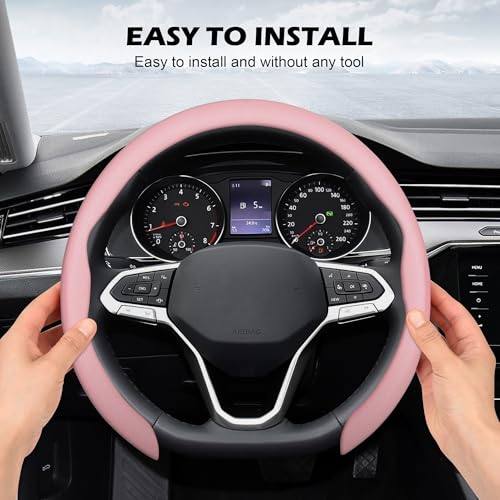 Nappa Leather Steering Wheel Cover,Universal Fit 15 Inch-Premium Non-Slip Breathable Comfort Grip for Cars Trucks SUVs,Anti-Slip Durable Interior Upgrade Light Pink - color: Light Pink