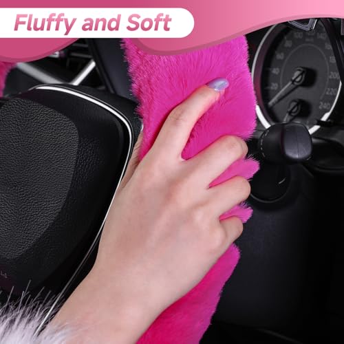 SEG Direct Furry Car Steering Wheel Cover with Gear Shift Cover, Soft and Warm, Cute Fluffy Auto Decor for Women Men, Standard Size, 2 PCS Set, Magenta - color: Magenta