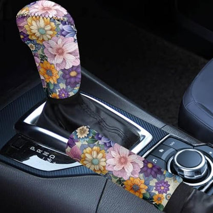 Bulopur Car Shifter Gear Hand Brake Trim Cover Set for Most Cars Van SUV Sedan Truck Auto Accessories - color: Boho Dahlia Flower