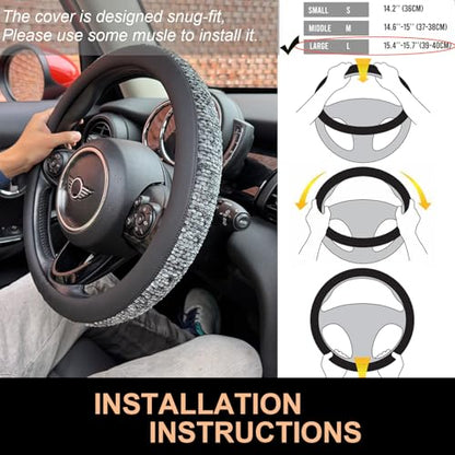 Large Size Chenille Leather Steering Wheel Cover, Soft Mottled Colors, Sweat-Proof, Non-Slip Grip, All-Season Comfort, 15.5-15.75 Inch(Mottled Gray)