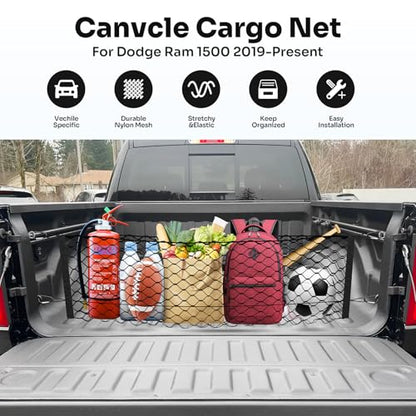 Canvcle Truck Bed Cargo Net for 2019-2025 2026 Dodge Ram 1500 Accessories Envelope Style Mesh Trunk Net Organizer and Storage Stretchable Adjustable Elastic Nylon Rear Cargo Netting with Hooks - style: for Dodge Ram 1500