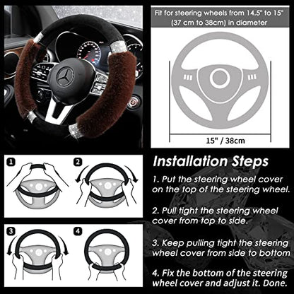 Achiou Rhinestone Fluffy Steering Wheel Cover - Comfortable Non-Slip Luxury Faux Wool, Universal Fit for 14.5" to 15" Steering Wheels - color: Black and Coffee