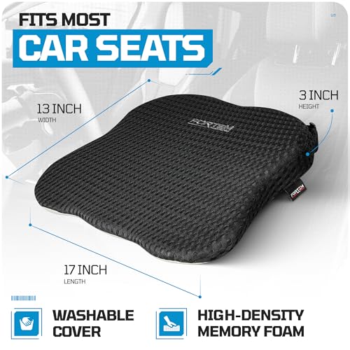 FORTEM Car Seat Cushion, Memory Foam Wedge Cushion for Driving, Car Seat Pad for Comfort, Non Slip Bottom, Adjustable Straps, Washable Cover - size: L (Seat)